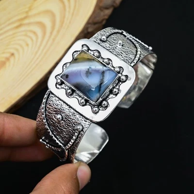 Brazalete brazalete de joyería hecho a mano con piedras preciosas de plata esterlina 925 ópalo dendrita natural Foto 1 de 4
