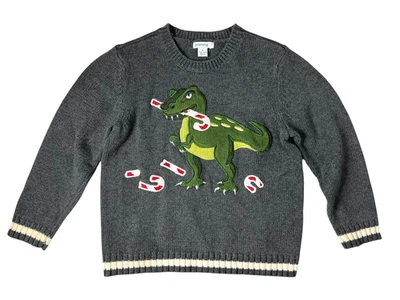 Dinosaur Eating Candy Canes Kids Christmas Holiday Sweater  Size 5  Gray Preppy - Image 1 of 4