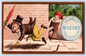 1800's CLARK'S MILE END SPOOL COTTON THREAD TRIPPING MAN TOP HAT UMBRELLA CARD - Picture 1 of 2