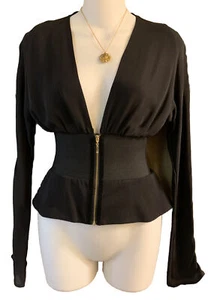 NEU Boulee SCHWARZ Seide Langarm SeXy Jacke/Top mit Frontreißverschluss Gr. 0 XXS - Bild 1 von 8