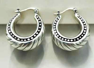 925 Sterling Silver Hoop Earrings - Lightweight Twisted Dot Design 1446 - Picture 1 of 4