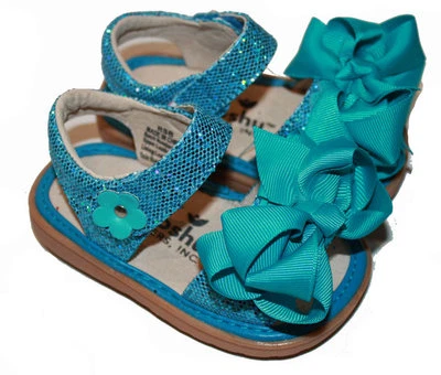 MOOSHU Trainers Squeeker Shoes NEW Teal Sparkle Sandal Add A Bow Sz 3-9 - Image 1 of 3