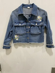 Evsie Girls M Wash Denim Embroidered Flowers Frayed Jean Jacket. AP/AP 17 in. - Picture 1 of 6