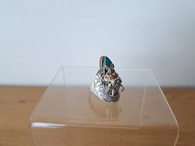 Tibet, Nepal, Anello, Testa di Drago, Argento, Lapislazzuli, Corallo, XX°. - Immagine 1 di 4