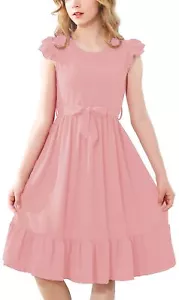 Pink Dress for Girls Casual Dress Summer Flutter Sleeve Midi Dress A-Line Swi... - Picture 1 of 7