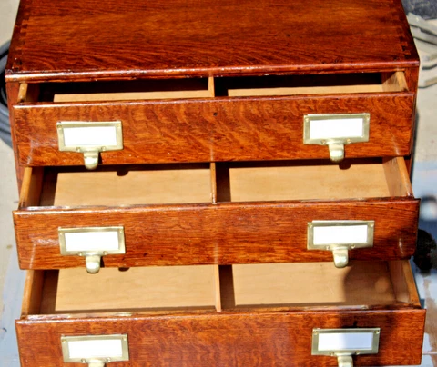 Antique 1/4 Sawn Oak Card Catalog 3 drawer library Cabinet file box brass pulls Cover