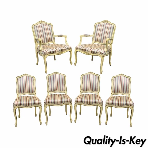 Set of 6 Vtg French Provincial Louis XV Style Cream Painted Dining Room Chairs Cover