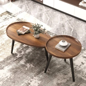 Solid Nesting Table 2 IN 1 Coffee Table Oval & Round Wood Top Accent Furniture - Picture 1 of 12