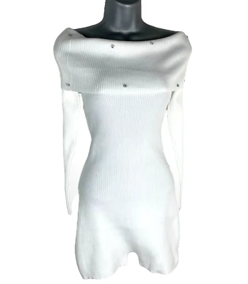 Playsuit White Ribbed Long Sleeve Dimante Studded Women’s UK Size 8 - Image 1 of 4