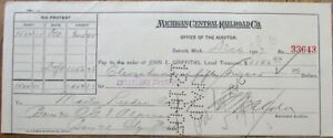 Michigan Central Railroad Co. 1907 Bank Check - Detroit, MI
