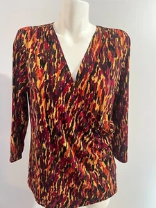 Susan Graver Women Black mustard Magenta Faux Wrap Large Top Shirt - Picture 1 of 6