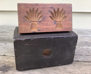 Antique Wooden Rectangular Dovetail Butter Mold  Double Wheat Sheaf Motif A - Picture 1 of 17