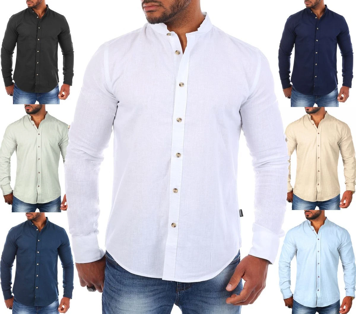 Leif Nelson Herren Leinenhemd – Slim Fit, Stehkragen, Lang-/kurzarm Durch Knöpfe, 30 % Leinen & 70 % Baumwolle