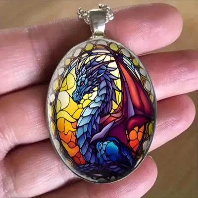 Collar Colgante Gótico Mágico Plateado Vintage Joyería Ovalada Escala Dragón Foto 1 de 4