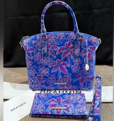 BRAHMIN Vista Blue Torrone Palm Tree Leather Satchel Bag & Wallet Set New! - Image 1 of 4
