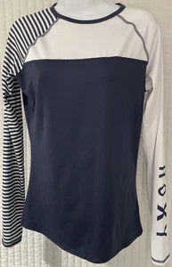 Mujer Roxy Manga Larga Rashguard Camisa de Natación Azul Marino Blanco Rayas Surf Top Talla L - Imagen 1 de 6