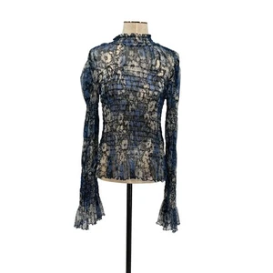 Blusa Top Free People Hello There Manga Acampanada Malla Floral Azul Grande - Imagen 1 de 10