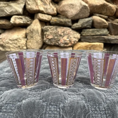 Colony Purple Lavender Gold Vintage Glasses Set of 3 Heavy Bottom 3.5” Retro - Image 1 of 4