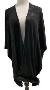 Elegant Sexy Ming Wang Black Faux Fur Trim Wrap Shawl Detailed One Size - Picture 1 of 17