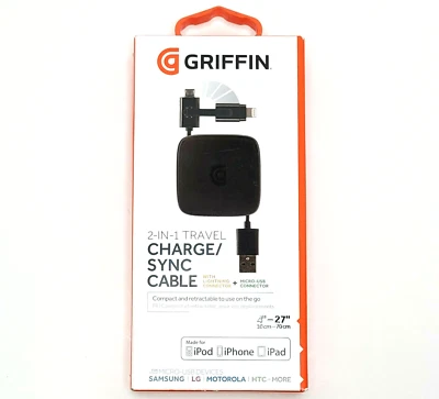 Griffin 2-in-1 Travel Charge/Sync Cable Retractable 4"-27" NEW FREE SHIP - Image 1 of 2