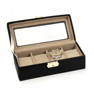 BLACK LEATHER FOUR WATCH BOX WITH GLASS TOP - Picture 1 of 3
