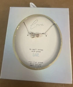 Collar Love Womans Plateado 16" Cuerda 2" Dije Doble Corazón Circonita Cúbica - Imagen 1 de 6