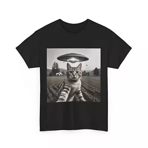 Cat UFO Encounter Unisex Tee, Alien Kitty Graphic T-Shirt, UFO Cat Shirt, Cool - Picture 1 of 4