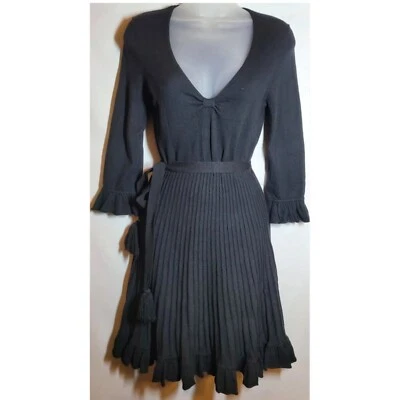 Vestido Rebecca Taylor Tejido Negro Talla Pequeña Cuello en V Manga Larga Volantes Corbata Cinturón Foto 1 de 4