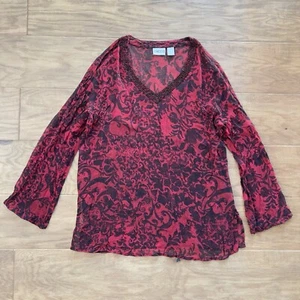Chico’s Blouse Size 1 (M) Silk Beaded V-Neck Red/Black Floral Print Long Sleeve - Picture 1 of 7