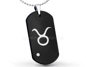 Taurus Zodiac Sign Dog Tag Tungsten Pendant Mens 0.07ct Diamond Pendant - Picture 1 of 27