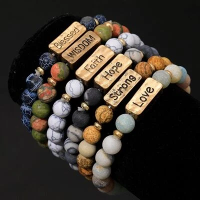 Fine Words Natural Stone Stretch Bracelets Letter Faith Love Hope Wisdow Strong - Image 1 of 4