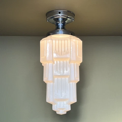 Vintage Antique LARGE! 1930’s Art Deco Chrome Skyscraper Flush Mount - Restored! Cover