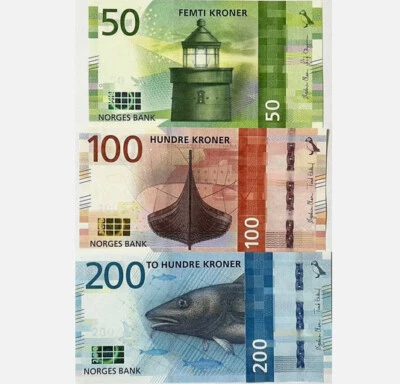 Set 3 Pcs 2016 2017 Norway 50 100 200 Kroner P 53 54 55 NEW UNC Banknote - Image 1 of 2
