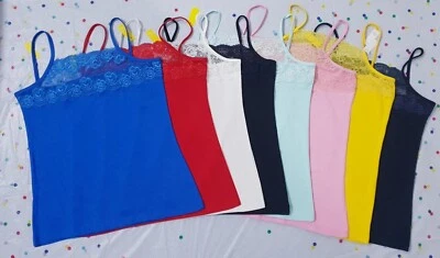 LADIES PLAIN STRETCHY COTTON TOPS LACE DESIGN STRAPPY VEST CAMISOLE HIGH QUALITY - Image 1 of 4