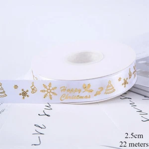Happy Christmas Ribbon Gift Coloured Ribbon Gold Stamp Satin Ribbon Gold White - Picture 1 of 16