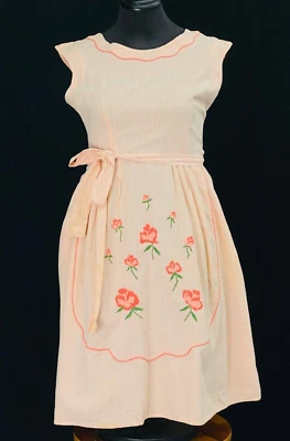 Vintage 1950s SWIRL embroidered wrap dress, peach pink floral rose cotton M L - Image 1 of 4