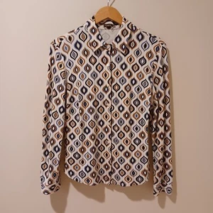 J McLaughlin Shirt Button Front Brown Groovy 60s Print Long Sleeve Top L Stretch - Picture 1 of 7