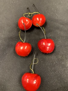 Vintage Plastic Bright Red Cherry Christmas Tree Ornament Set of 5 - Picture 1 of 6