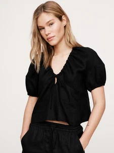 NWT  Banana Republic Classic Black  Linen Tie-Front V-Neck Top LARGE L - Picture 1 of 4