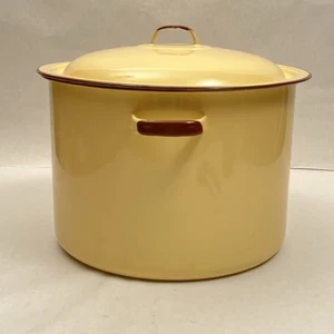 Vintage Emaillegeschirr Suppentopf mit Deckel, Griffe gelb mit braunem Rand Bauernhaus - Bild 1 von 7