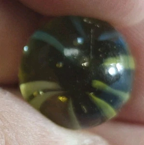 Vintage Glass Marble - 9 Vane 3 Color Caged Cats Eye , Blue White Yellow Fingers - Picture 1 of 14