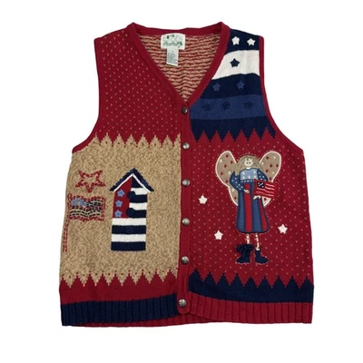 Quacker Factory Sweater Vest Womens Small Patriotic Flag Button USA Americana - Image 1 of 4