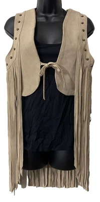 Rancho Estancia Leather Fringe Studded Vest Long Festival Western Boho Beige S - Image 1 of 4
