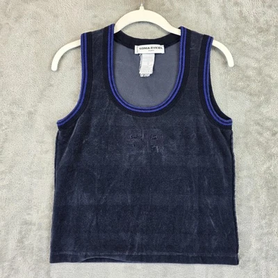 Camiseta sin mangas Sonia Rykiel para mujer pequeña azul marino de terciopelo con logotipo SR hecha en Francia Foto 1 de 4