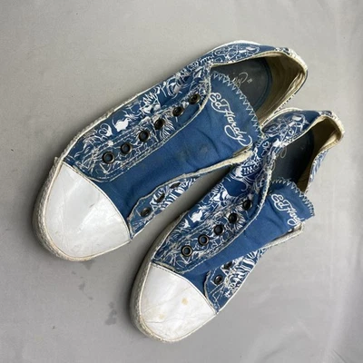 Ed Hardy Shoes Mens Size 10 Blue White Canvas Slip On Skull Dragon Tattoo Style - Image 1 of 4