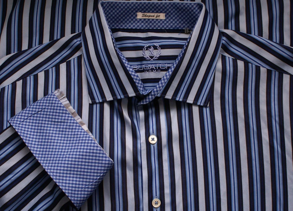 CAMISA BUGATCHI UOMO PARA HOMBRE CON FORMA DE AJUSTE BOTÓN DELANTERO AZUL RAYAS 2XL XXL Foto 1 de 2