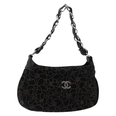CHANEL Chain COCO Mark Camelia Shoulder Bag Suede Black Silver CC Auth BA4776 - Image 1 of 4