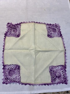 Hand Embroidered Hankie Purple on Pale Yellow Linen 11" Sq. - Picture 1 of 5