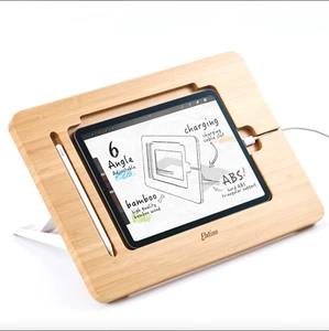 ELETIUO Adjustable Tablet Stand with Pencil&Charger Cable Slot Bamboo Wooden 9.7 - Picture 1 of 3