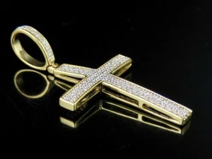 Men's 10K Yellow Gold Plated 2 Rows Genuine Diamond Cross Pendant 0.12 Ct 1.5" - Picture 1 of 7
